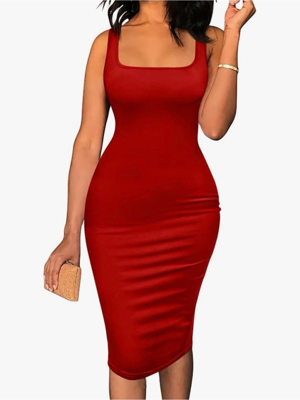 Red Square-Neck Midi Bodycon Dress